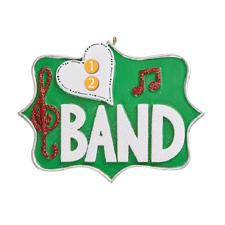 Green personalized band ornament with musical notes and white heart for Christmas tree decorations under $50