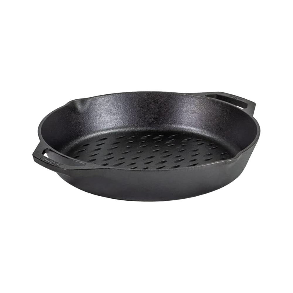 Seasoned cast iron grilling basket with dual handles and perforated base for even cooking, kitchenware under $50.