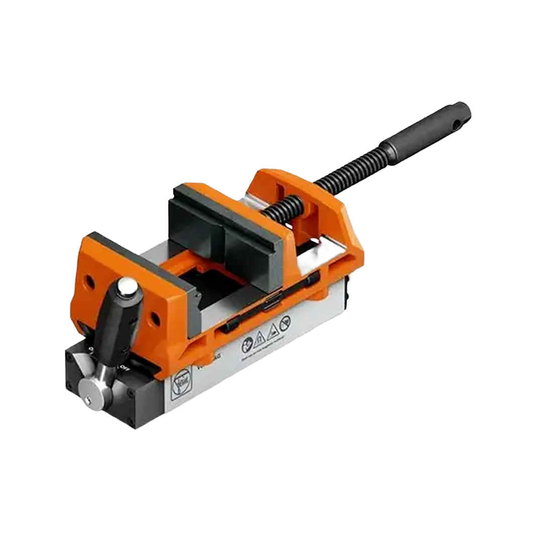 Orange and metal bench vise with adjustable handle designed for precision clamping in tools and home improvement tasks