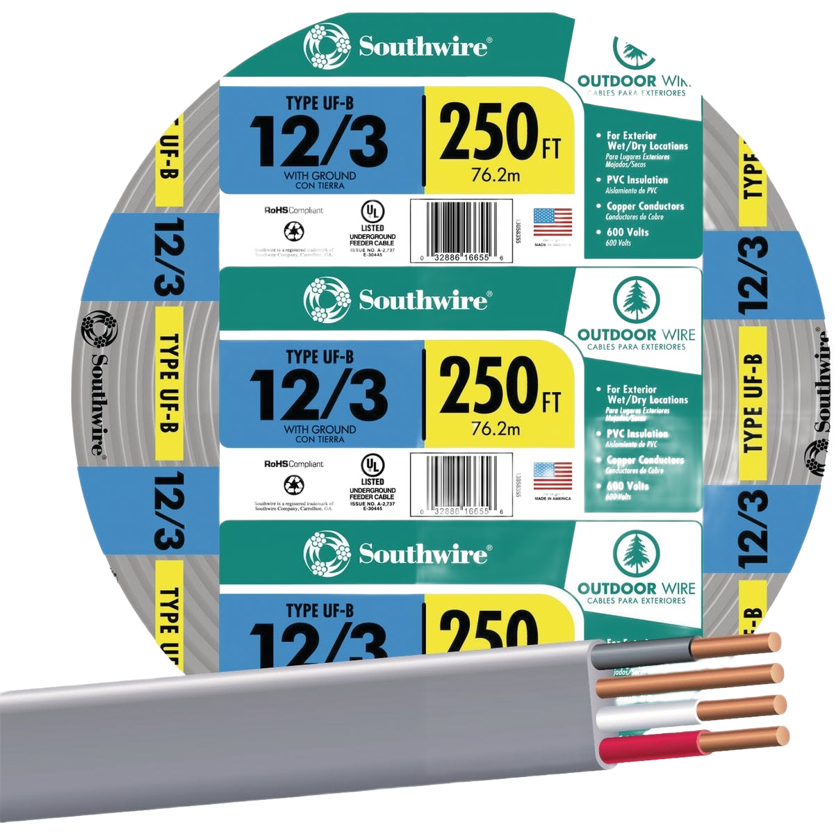 Southwire 250' 12 AWG 3-Conductor UFW/G Wire - Durable & Safe