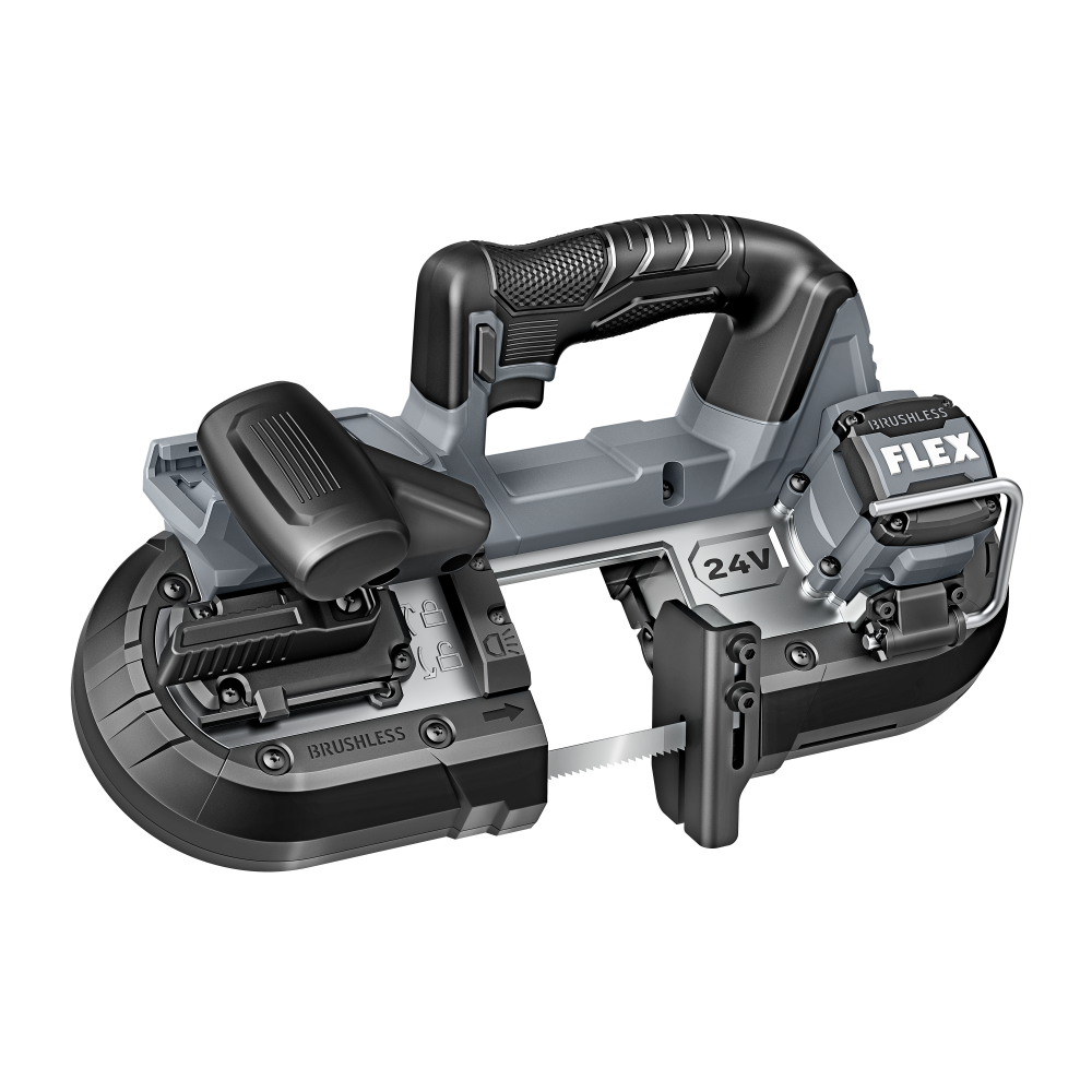 Compact 24V cordless band saw with brushless motor and ergonomic grip, designed for cutting conduit and pipes in power tools and woodworking tools at Hartville Hardware.