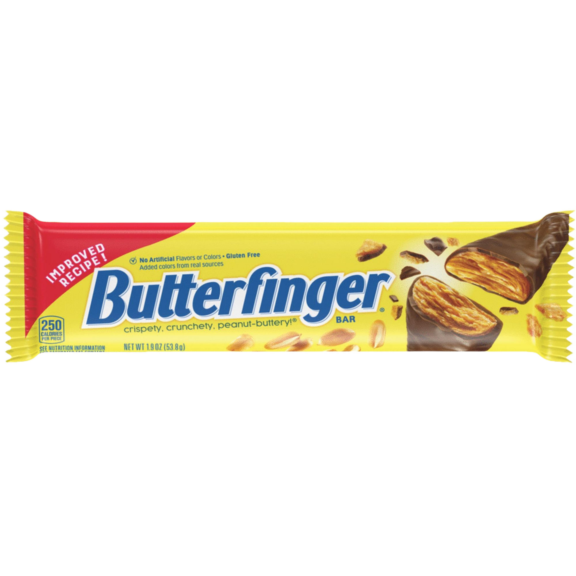 Yellow Butterfinger candy bar wrapper featuring chocolate-coated peanut butter candy and nutrition details from candies collection