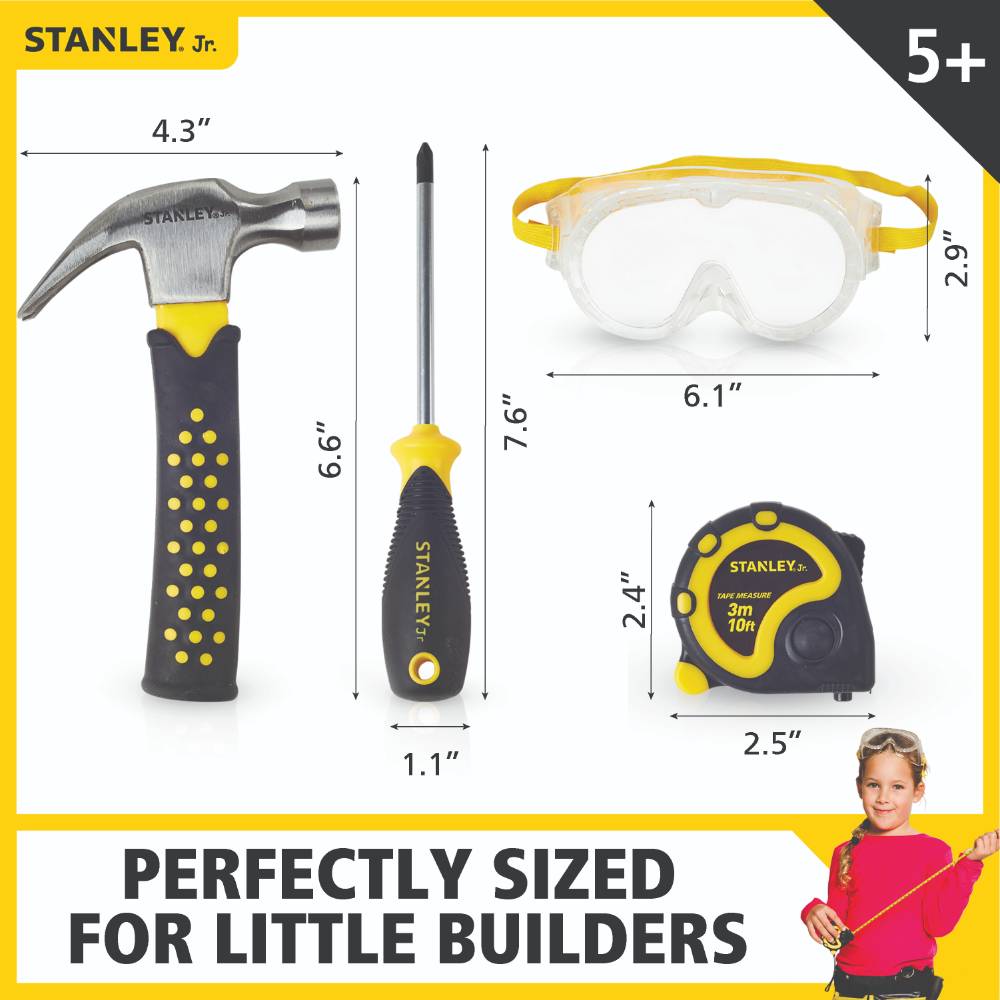 Five-piece kids toolset with hammer, two screwdrivers, tape measure, and safety goggles in Pretend Play Toys under $50 collection