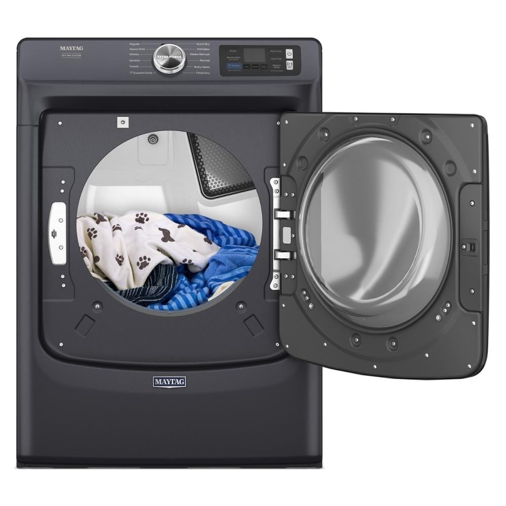 Front load electric dryer in dark gray with open door and pet hair removal feature from electric dryers collection