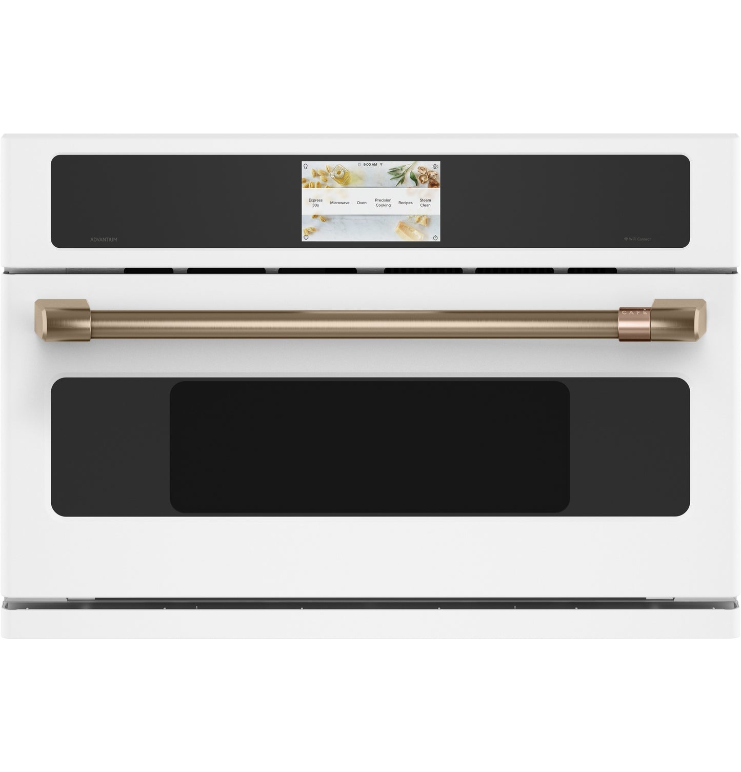 White built-in speed cook oven with gold handle and touchscreen control from kitchen and appliances collection