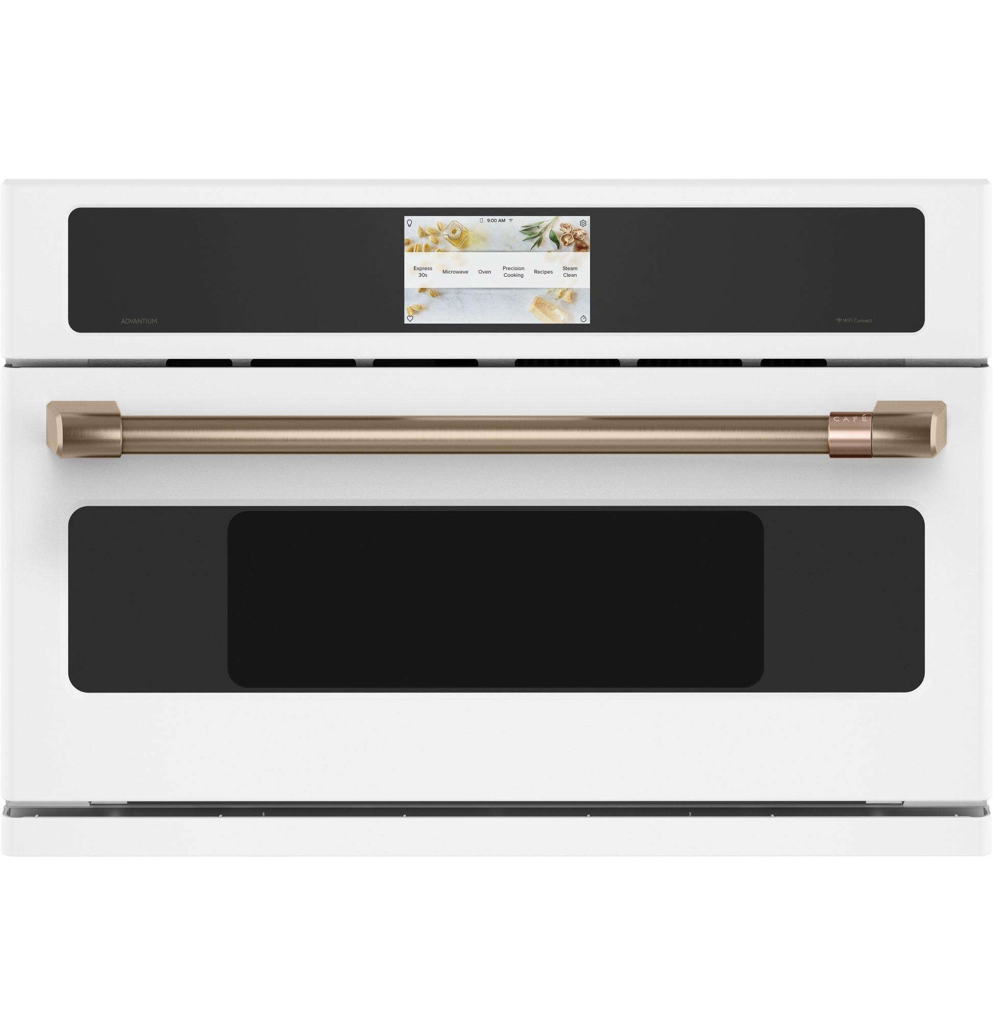 White built-in speed cook oven with gold handle and touchscreen control from kitchen and appliances collection