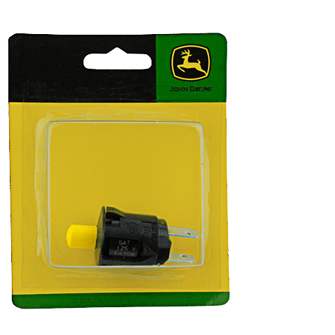 Black electrical push button switch with yellow actuator in branded retail packaging for tools and home improvement use