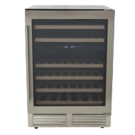 43-bottle dual-zone wine cooler with stainless steel frame, glass door, wooden shelves, and digital controls from appliances collection