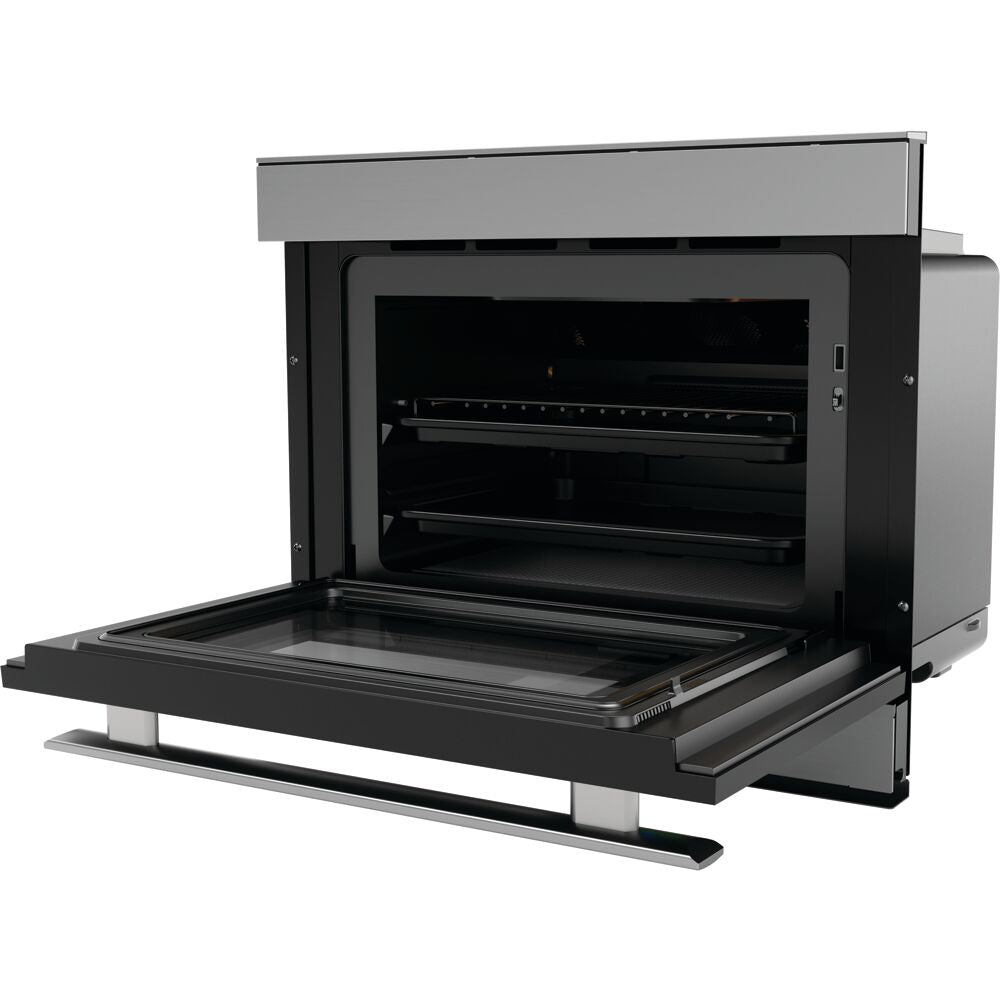 Open black and stainless steel built-in wall oven with convection and steam cooking functions from kitchen appliances collection