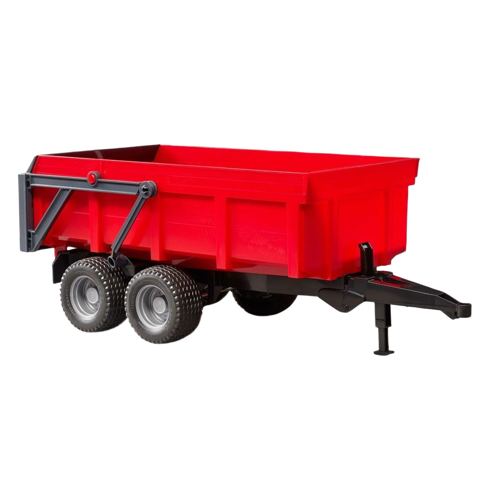 Red heavy-duty tipping trailer with dual wheels and sturdy frame for hauling and dumping materials in home improvement tasks