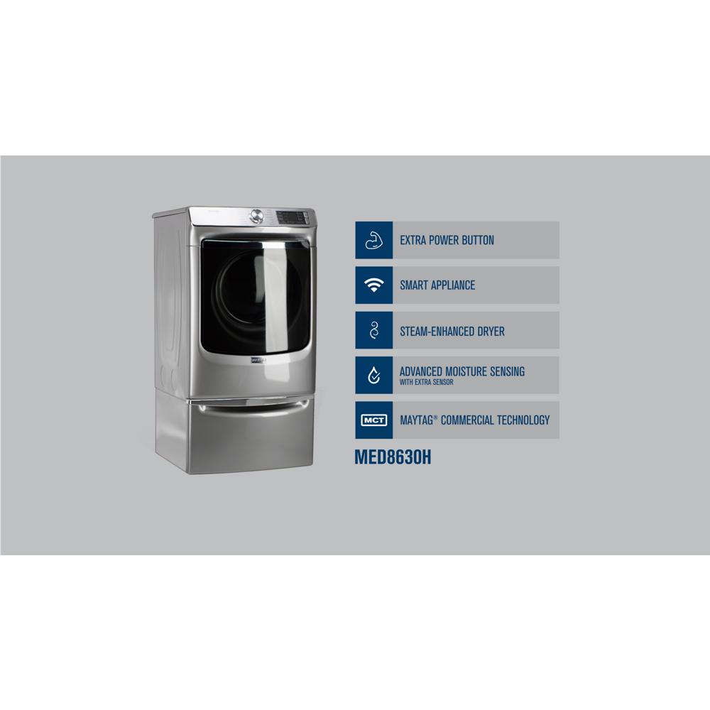 Stainless steel front load electric dryer with steam feature, smart connectivity, and extra power option for appliances use