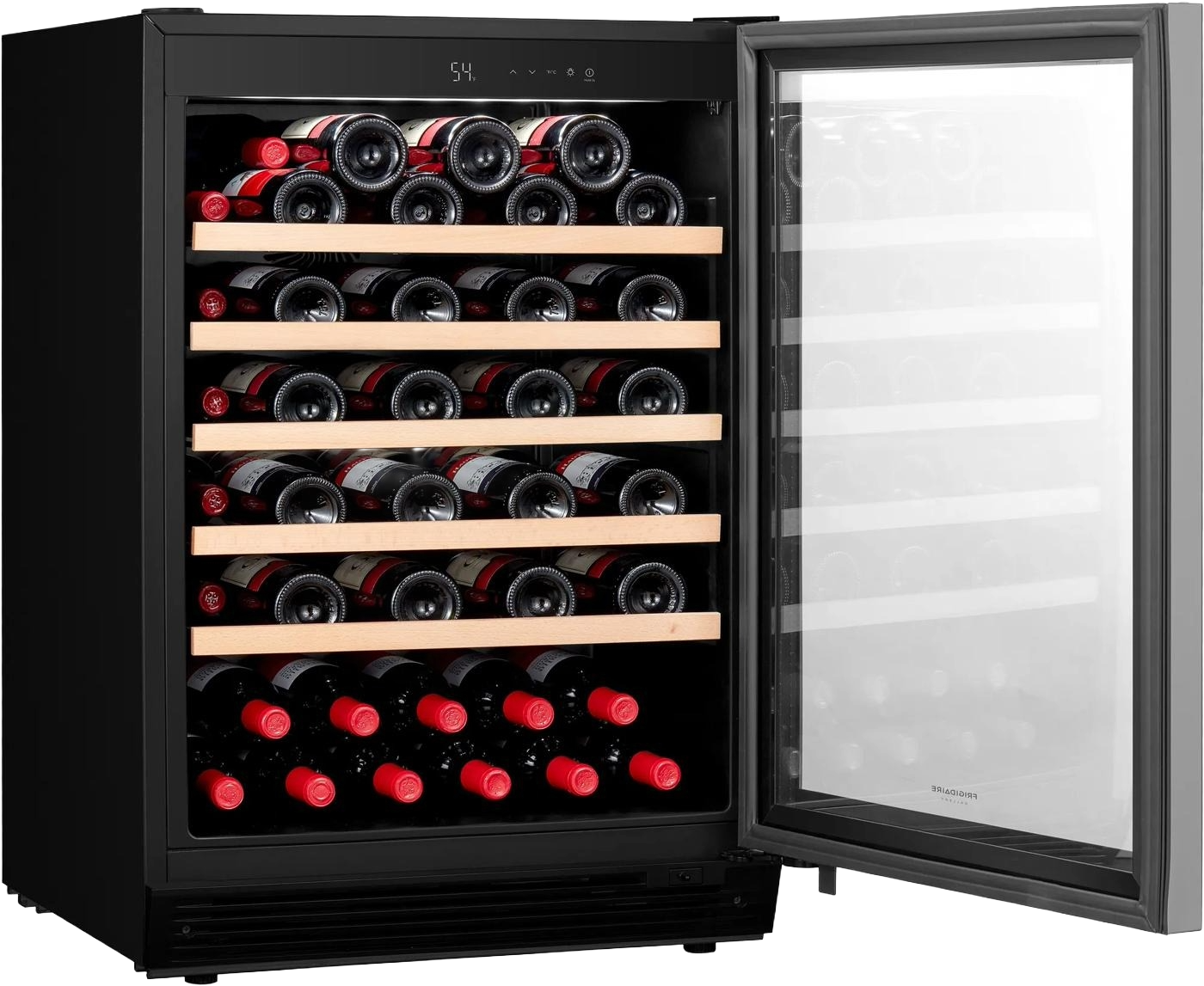 Black beverage cooler with stainless-steel trim and wood-trim shelves storing red wine bottles, suited for kitchen and appliance use in beverage centers.