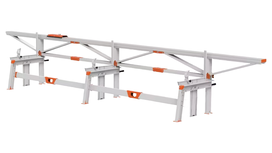 Metal saw table stand with foldable legs and adjustable orange clamps for home improvement and woodworking tasks