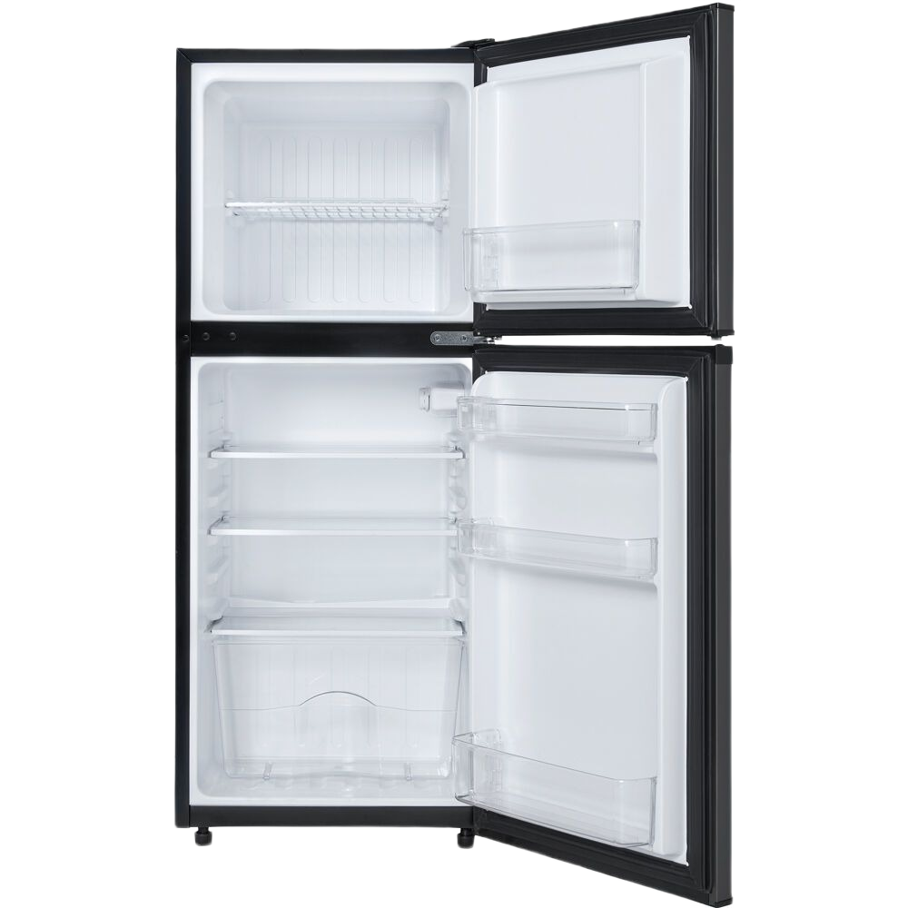 Black stainless steel compact refrigerator with independent freezer, adjustable shelves, and interior light in appliances collection