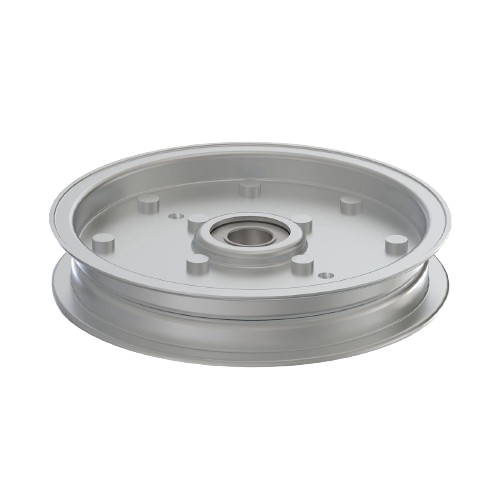 Silver metal mower deck idler pulley with central bearing for tools and home improvement projects