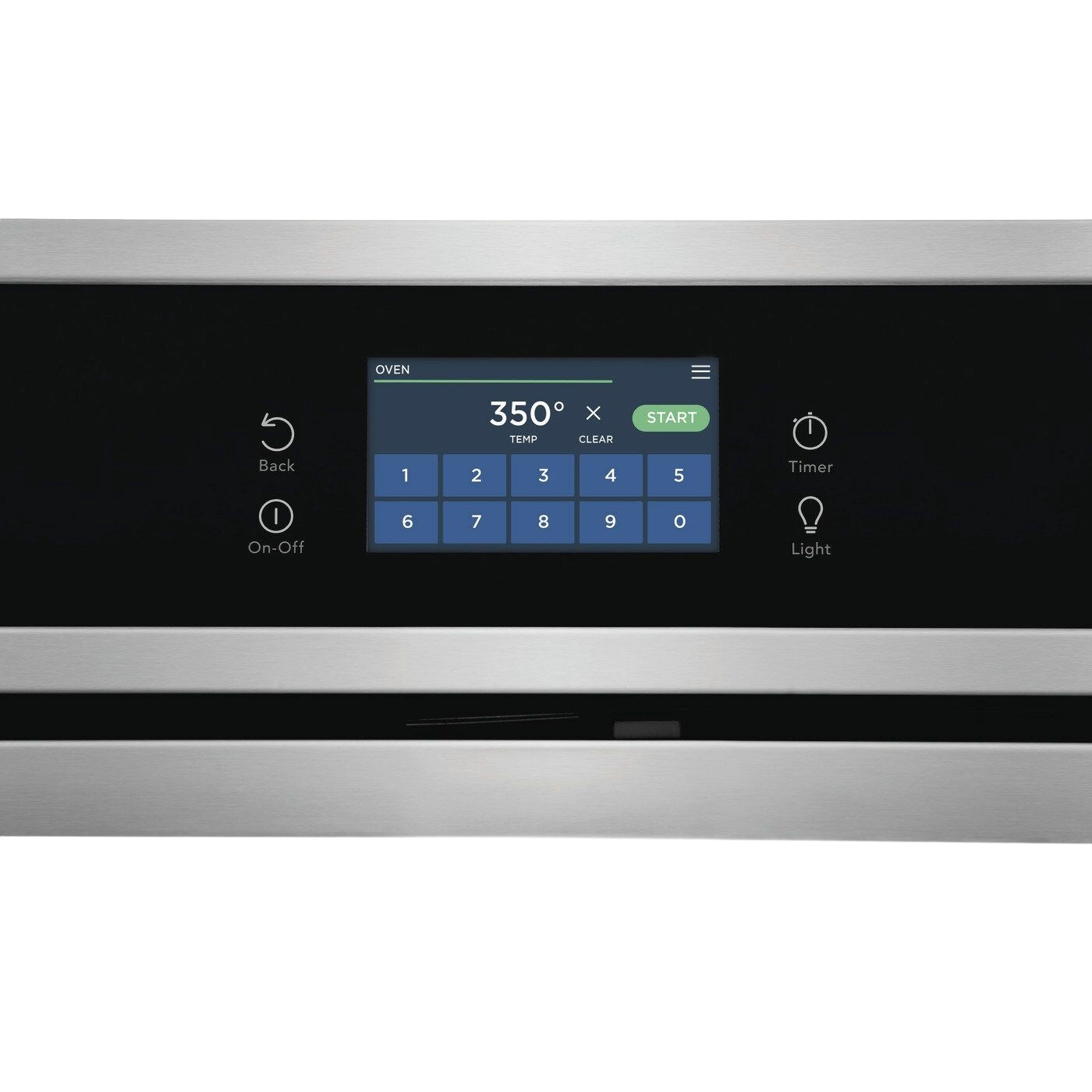 Digital touchscreen control panel displaying 350 degrees temperature with timer and light buttons on electric wall oven