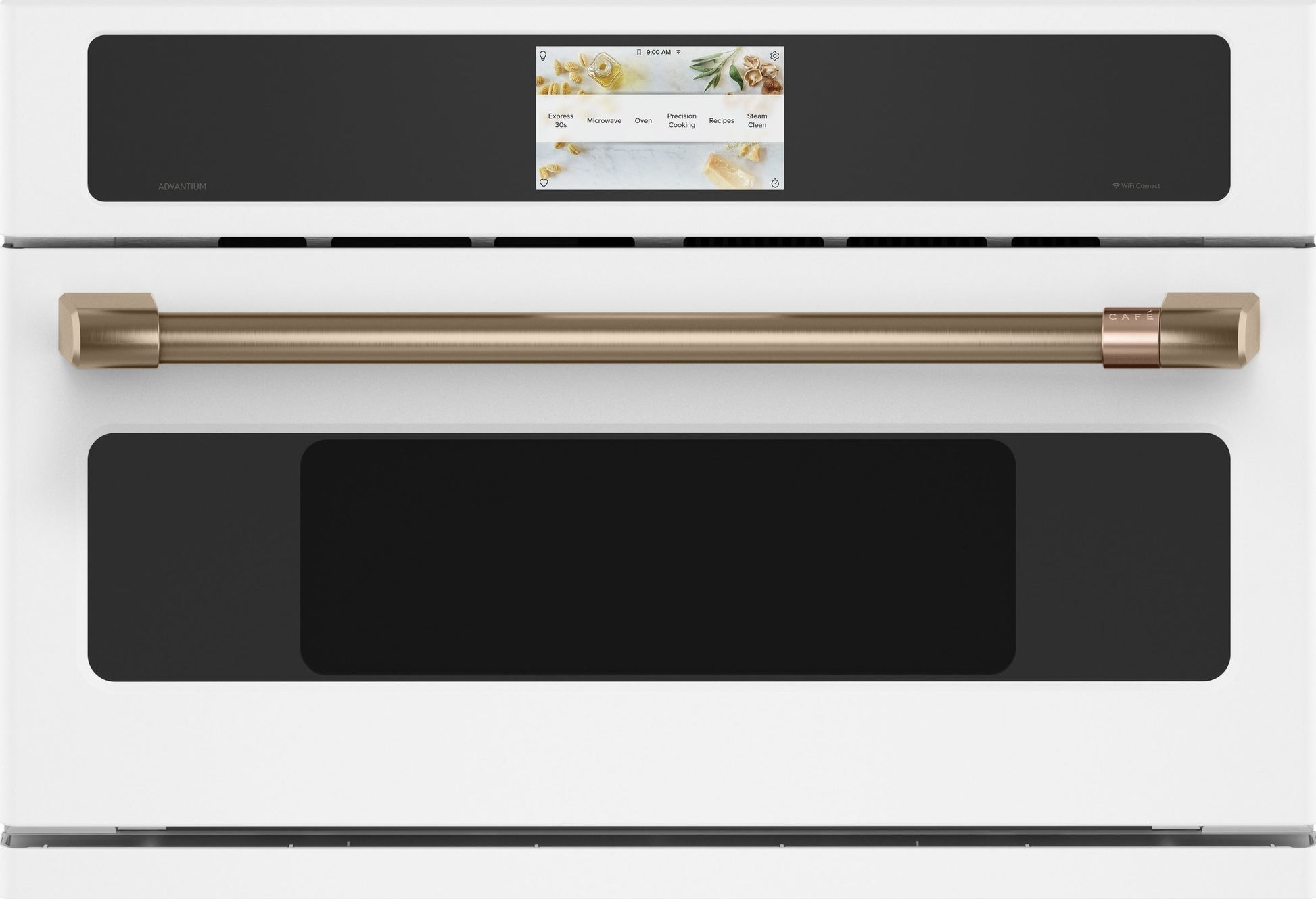 White single wall oven with brushed bronze handle and touchscreen control panel from kitchen appliances collection