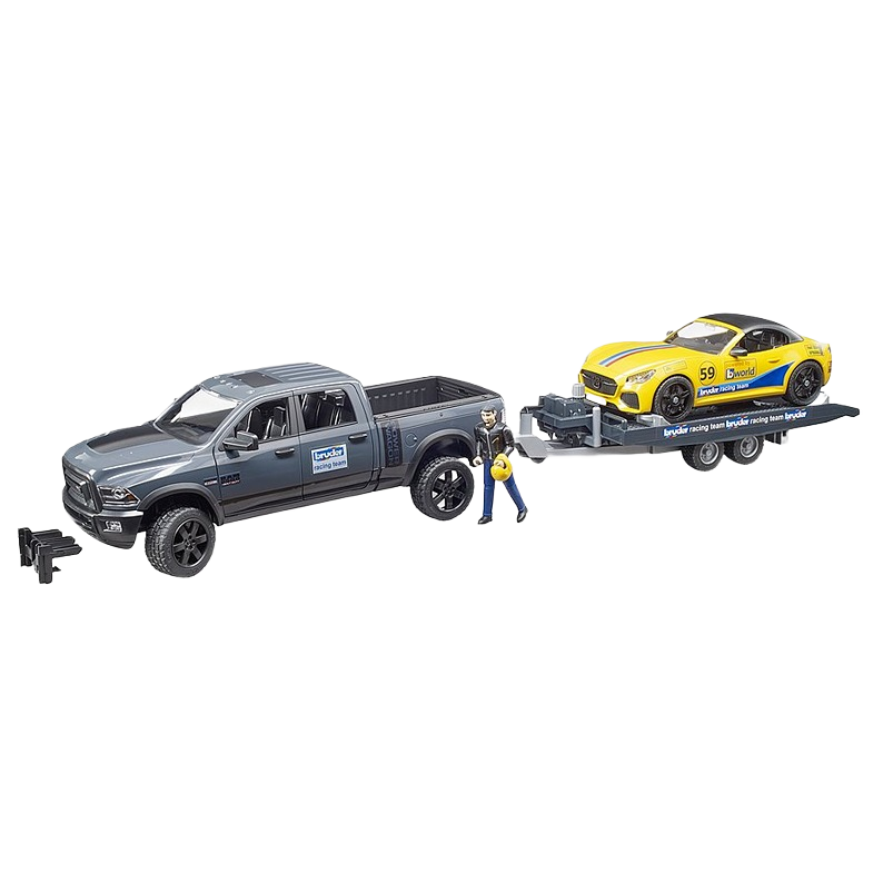 Gray Ram 2500 toy truck towing yellow roadster race car on flatbed trailer with detailed miniature figure