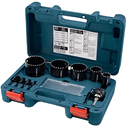 Durable Bosch diamond grit hole saw set with multiple sizes and drill attachments in a sturdy plastic carrying case, part of rental tool accessories at Hartville Hardware.