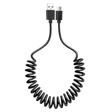 Black coiled USB-C to USB-A cable designed for durable charging and data transfer in tools and home improvement settings