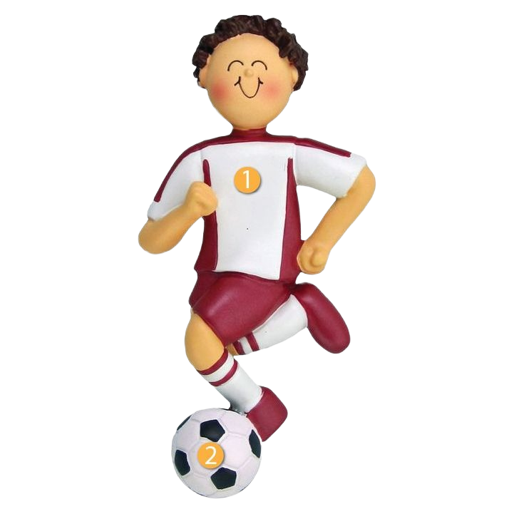 Brunette boy ornament in red and white soccer uniform with ball from Christmas Ornaments & Tree Decorations collection under $50
