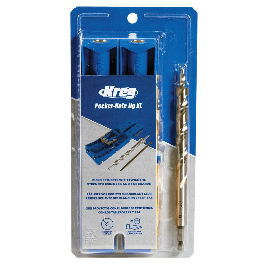 Blue woodworking jig with hardened steel drill guides and drill bit for strong joints in large wood boards