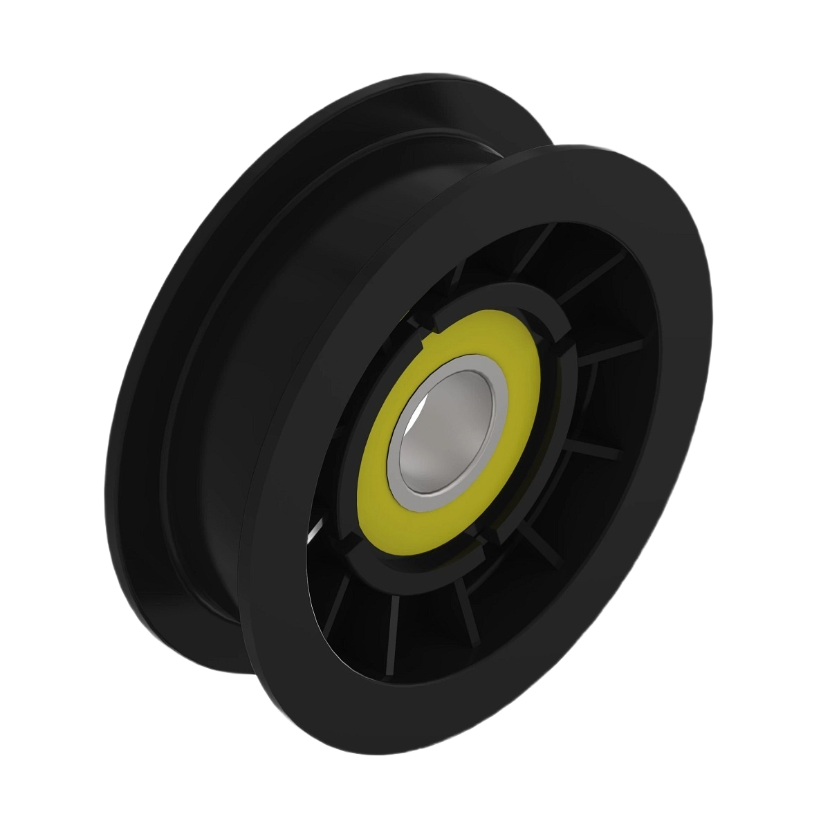 Black idler pulley with yellow center bearing for John Deere parts and lubricants collection under $50