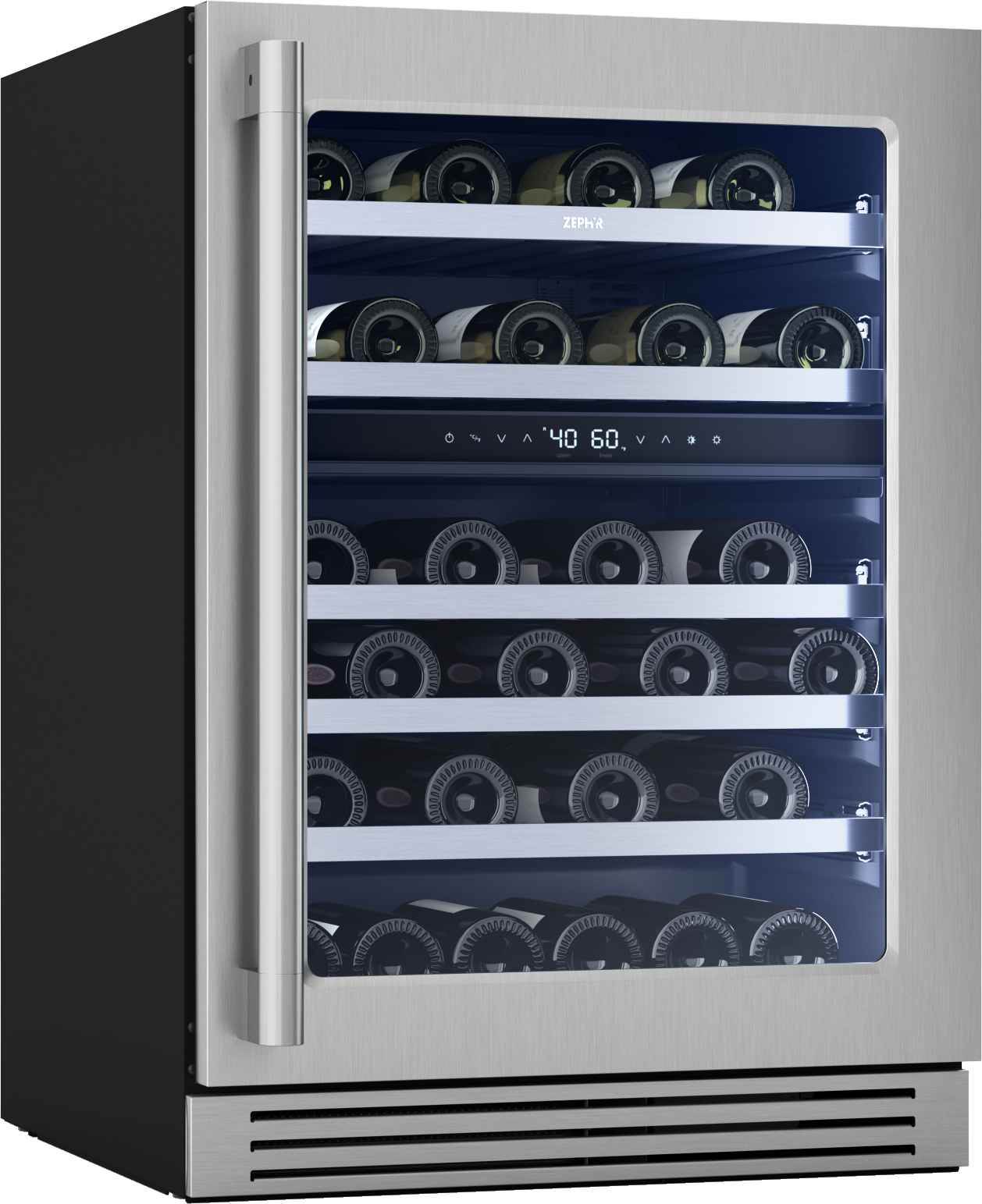 24-inch stainless steel wine cooler with glass door, wooden shelves, digital temperature control in kitchen appliance collection