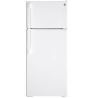 White top-freezer refrigerator from GE with energy-efficient design for kitchen and appliance collections