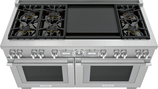 Stainless steel dual fuel range with six burners, griddle, and two large ovens in kitchen & kitchenware collection