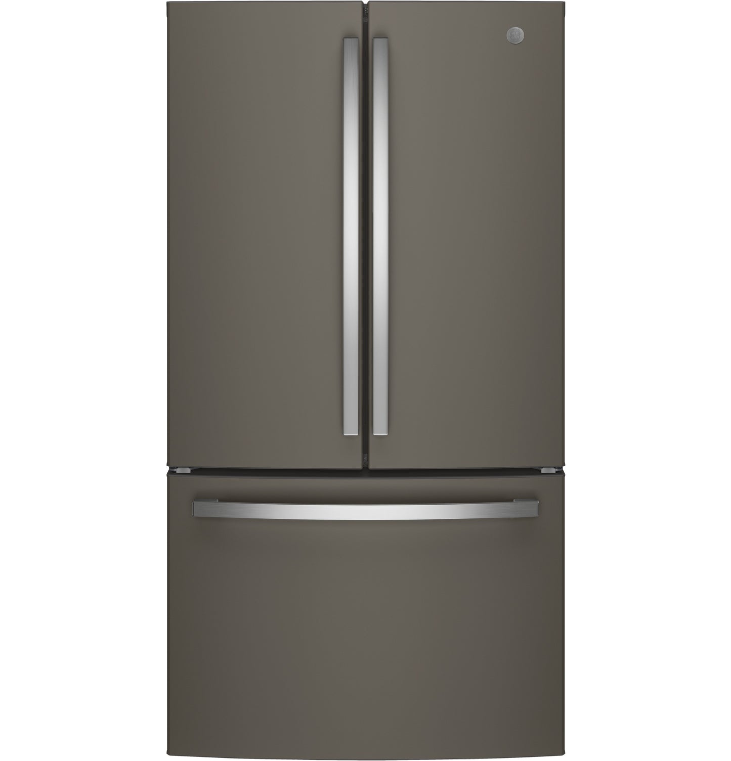 Matte gray French-door refrigerator with bottom freezer drawer and long stainless steel handles from kitchen appliances collection