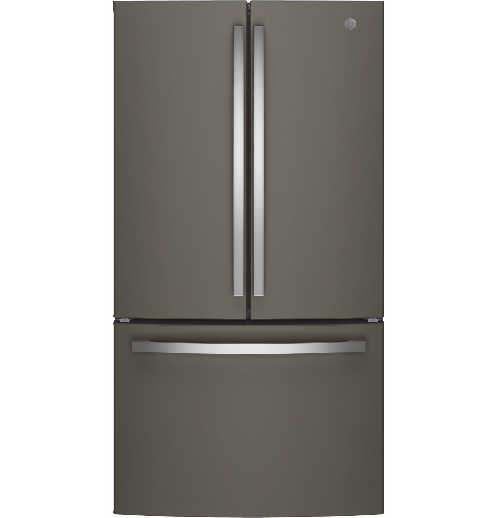 Matte gray French-door refrigerator with bottom freezer drawer and long stainless steel handles from kitchen appliances collection