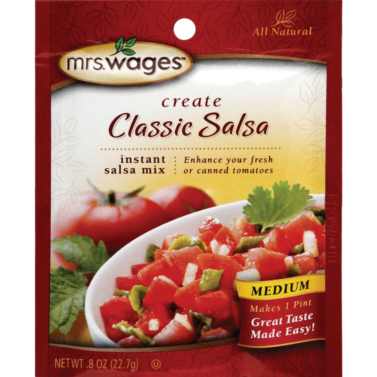Packet of medium salsa mix displaying fresh tomato salsa with cilantro, emphasizing quick homemade flavor enhancement