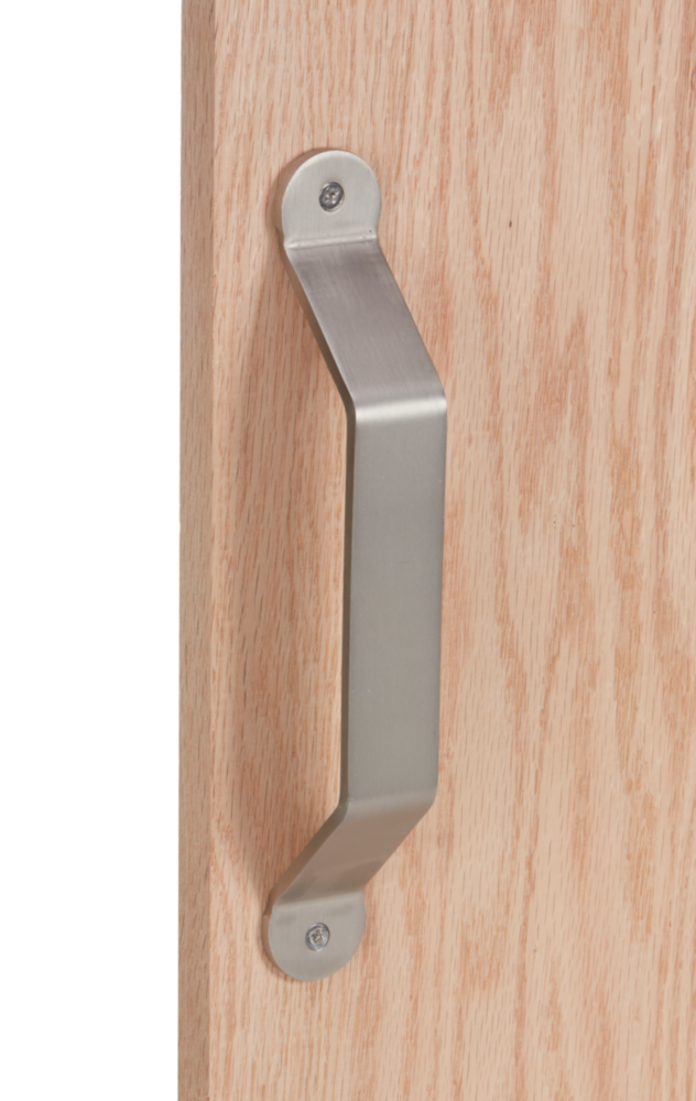 Satin nickel barn door pull handle mounted on wood door for home improvement in hardware and door knobs collection under $50