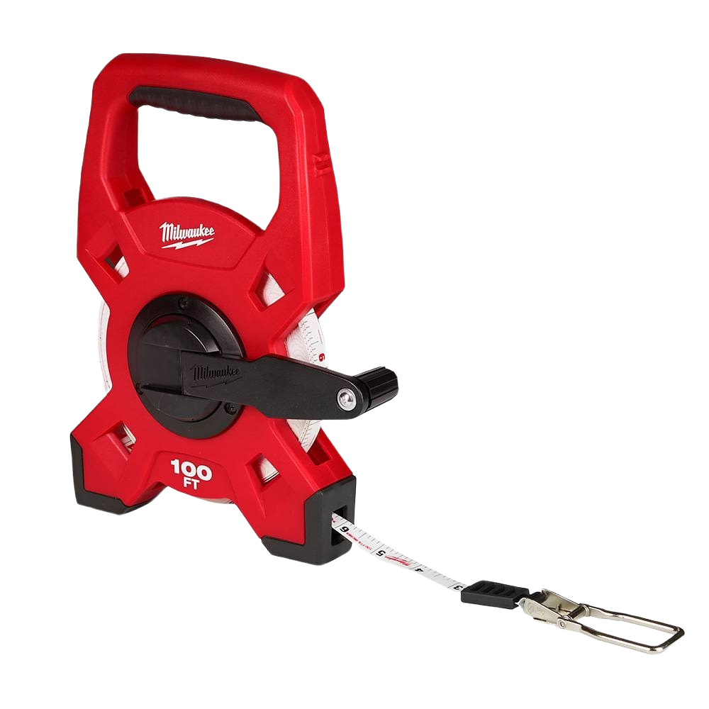Red 100-foot steel open reel tape with crank handle for measuring in hand tools and woodworking collections under $50