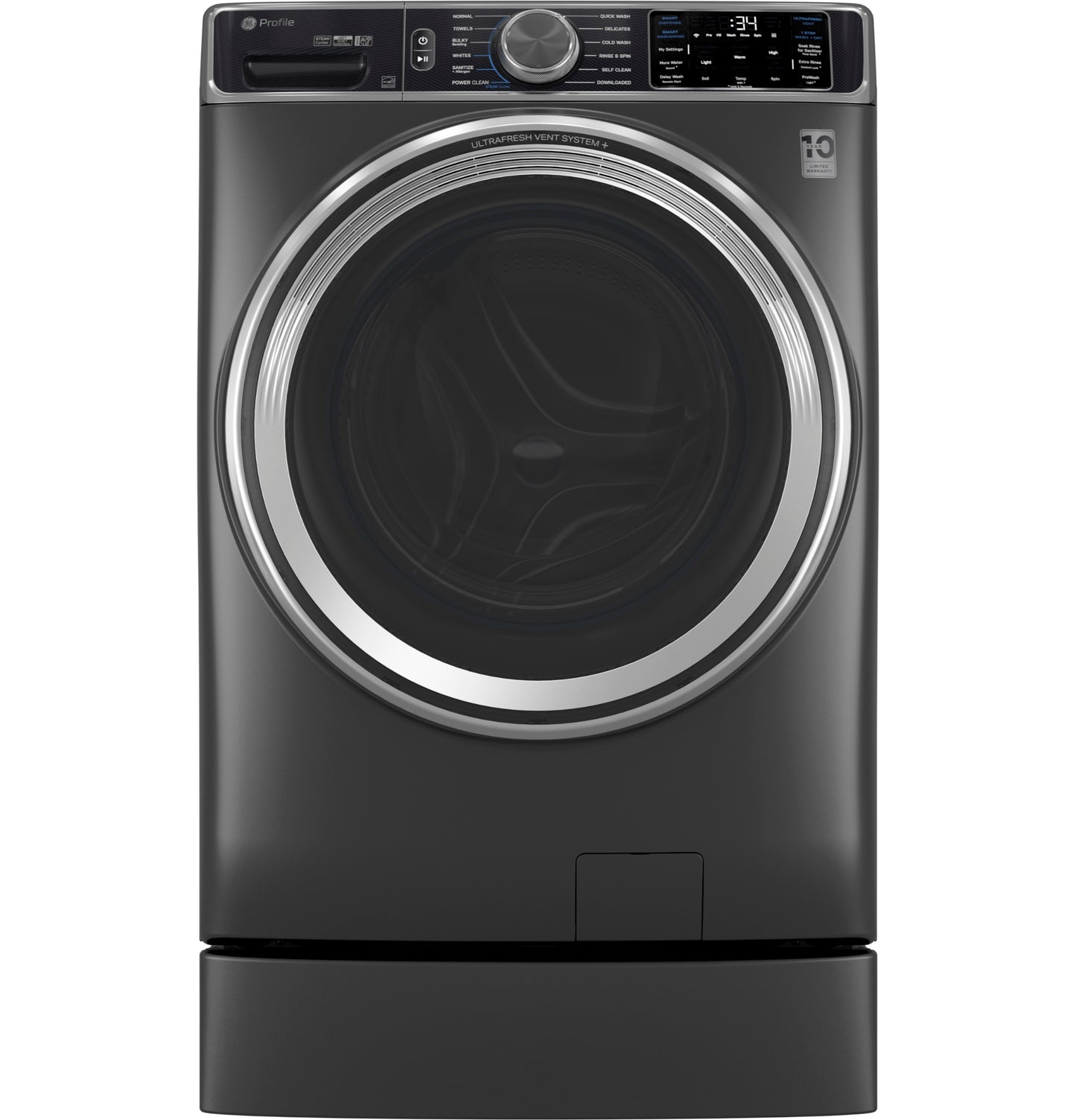 Dark gray front load washer with large tinted door and digital control panel in appliance parts and accessories collection