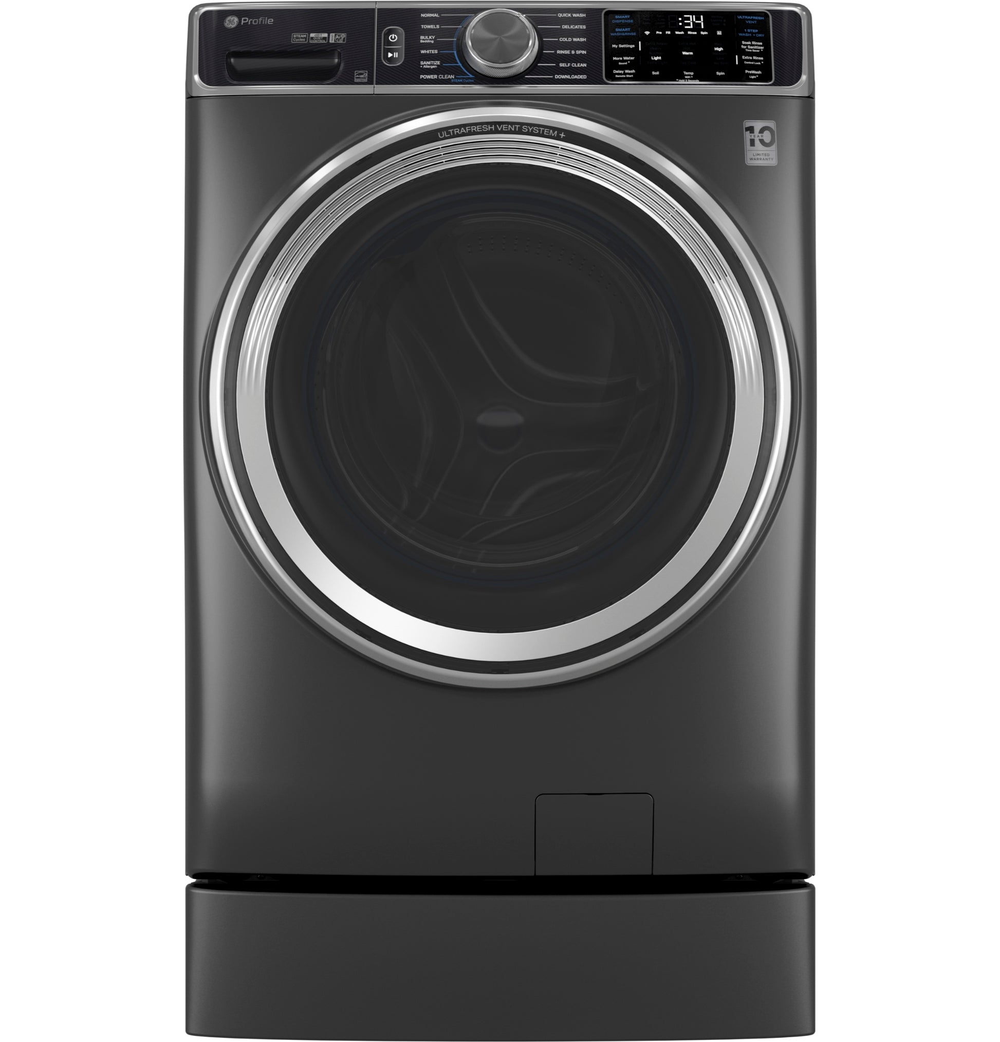 Dark gray front load washer with large tinted door and digital control panel in appliance parts and accessories collection