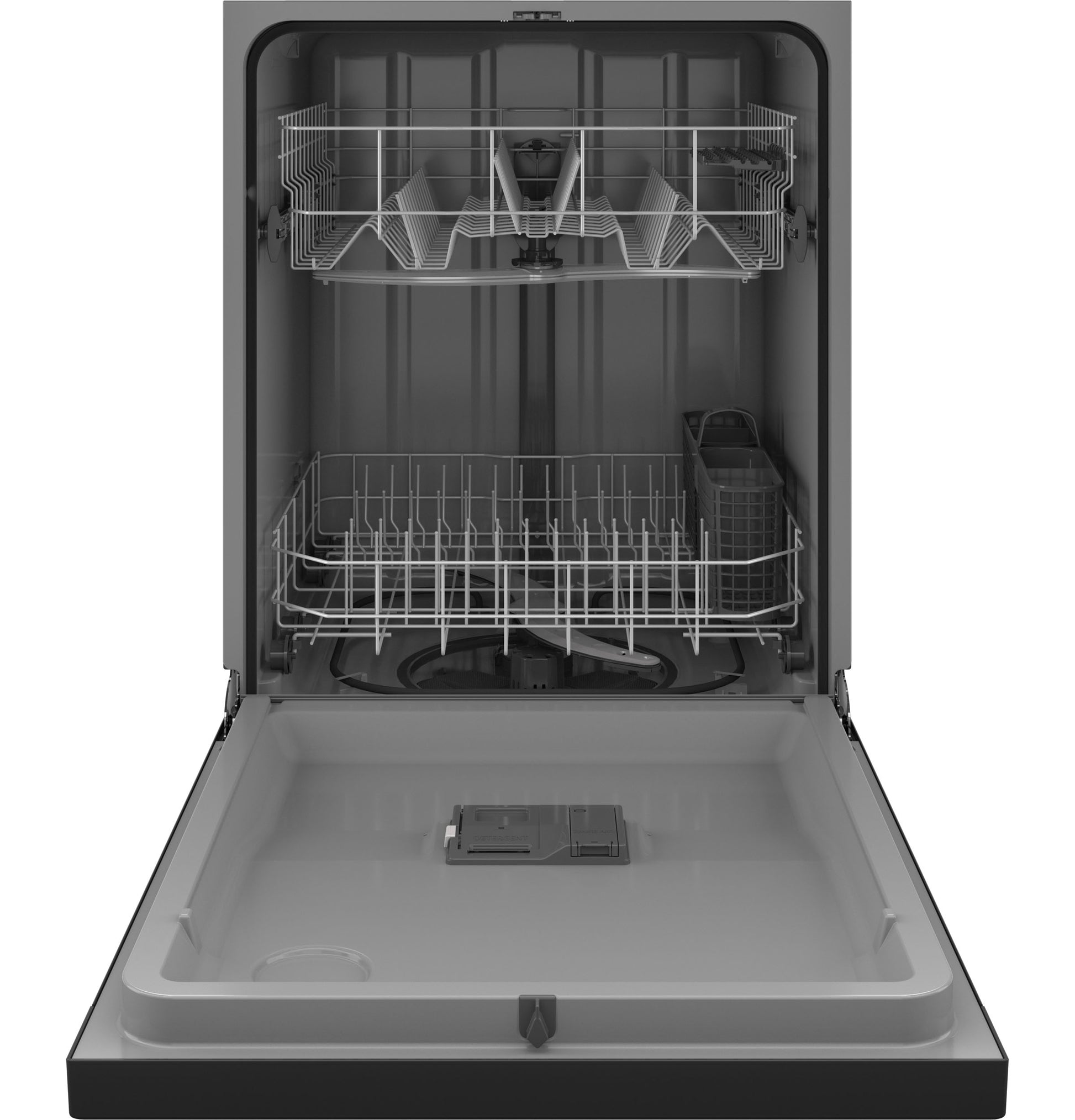 Open GE ENERGY STAR dishwasher with front controls showing empty interior racks and utensil basket from kitchen appliances collection