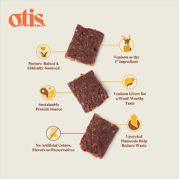Three square venison jerky dog treats highlighting natural ingredients and sustainable sourcing in pet supplies.