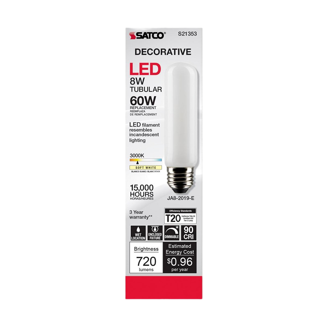 Satco 8W tubular LED bulb with frost finish, warm white 3000K, dimmable, medium base for lighting fixtures under $50