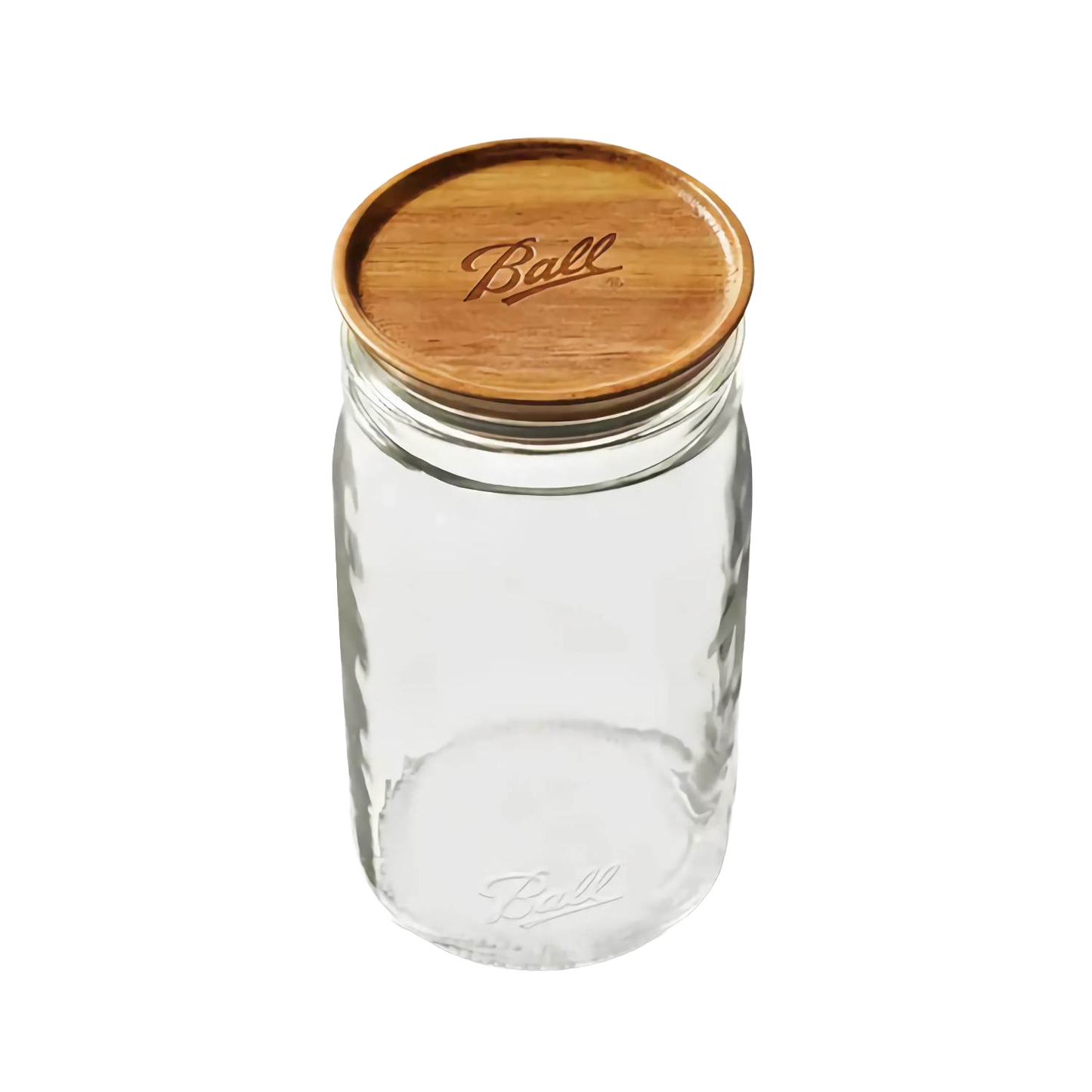 Clear glass wide mouth jar topped with a round wooden lid engraved with logo for kitchenware collections