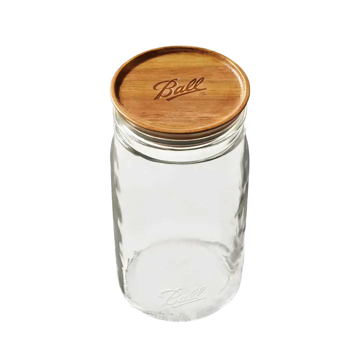 Clear glass wide mouth jar topped with a round wooden lid engraved with logo for kitchenware collections