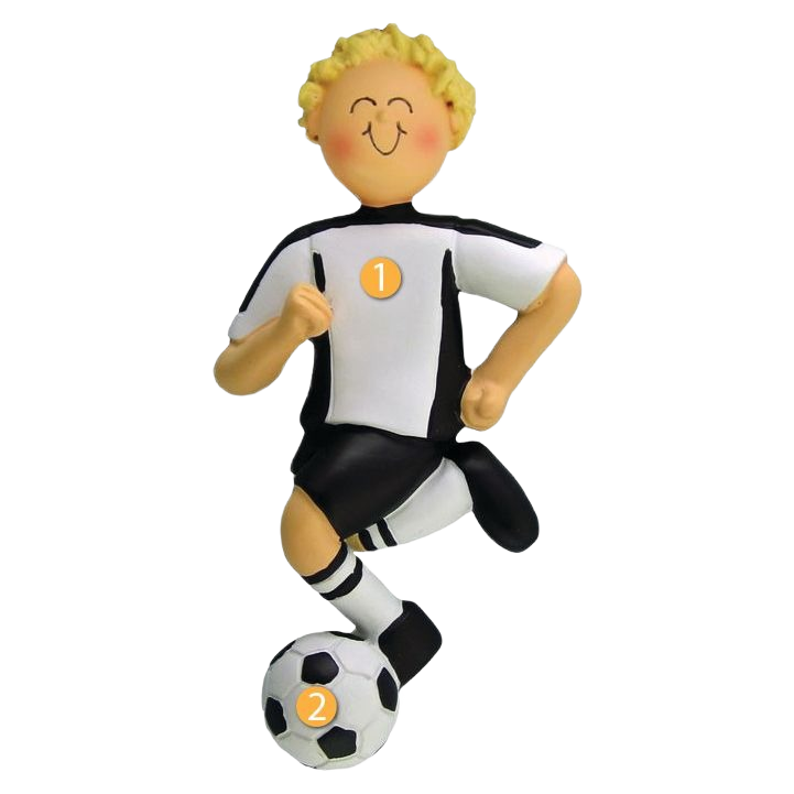 Blonde male soccer player figurine in black and white uniform with soccer ball for Christmas Ornaments & Tree Decorations under $50 collection