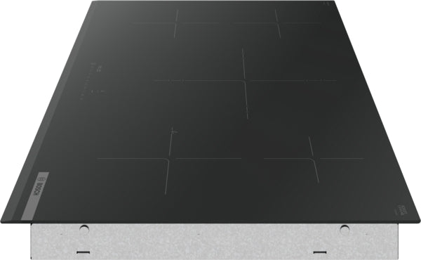 Black induction cooktop with smooth glass surface and four cooking zones from Bosch appliances collection