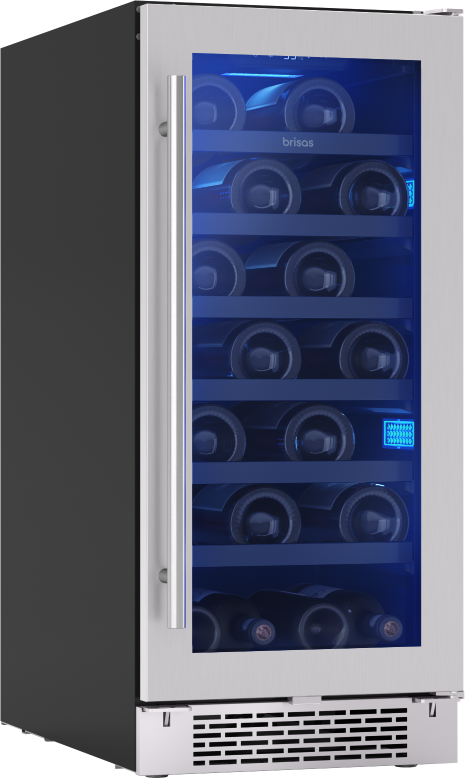 15-inch stainless steel under-counter wine cooler with blue interior lighting in kitchen and appliances collection