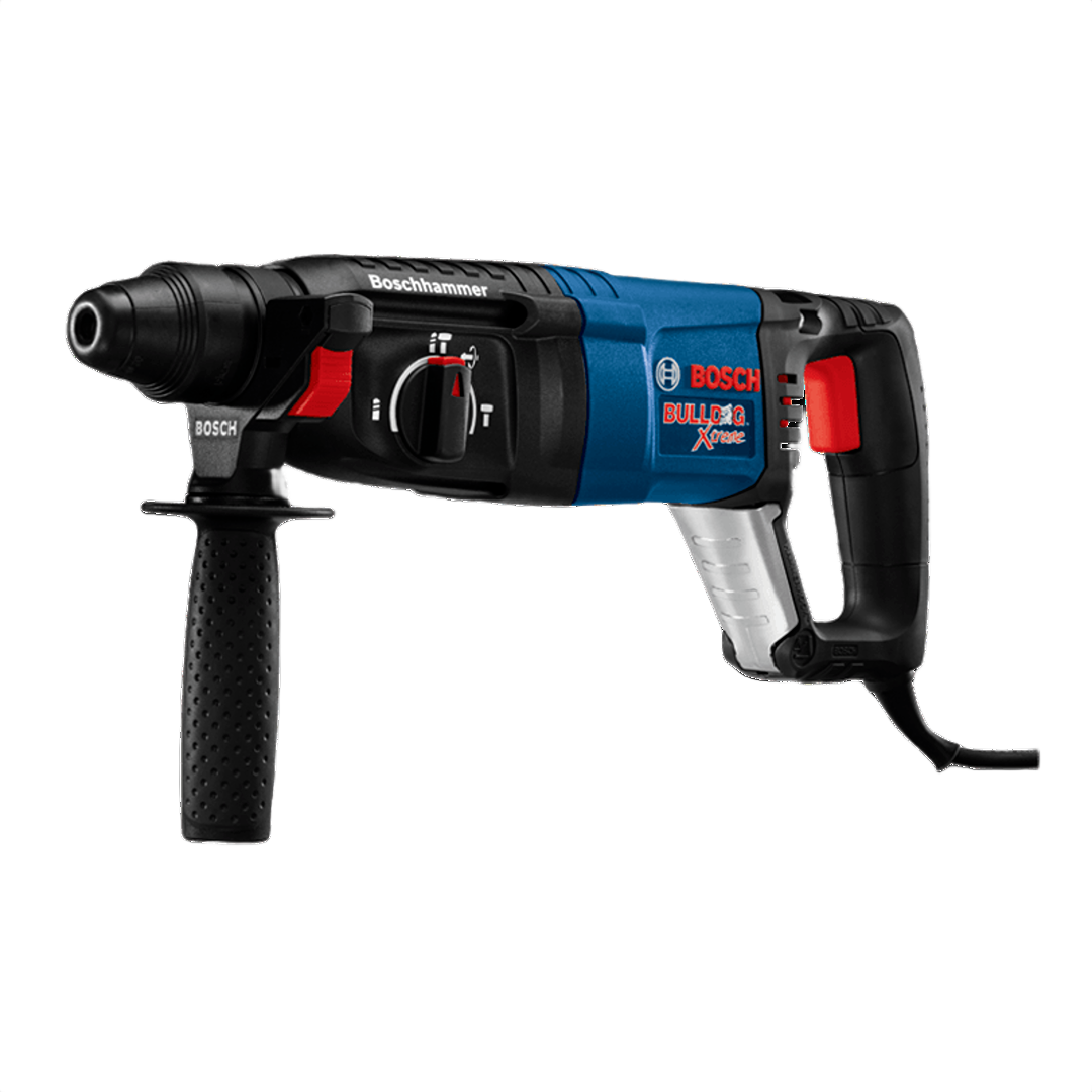 Corded Bosch rotary hammer drill in blue and black with side handle, designed for heavy-duty woodworking and home improvement tasks