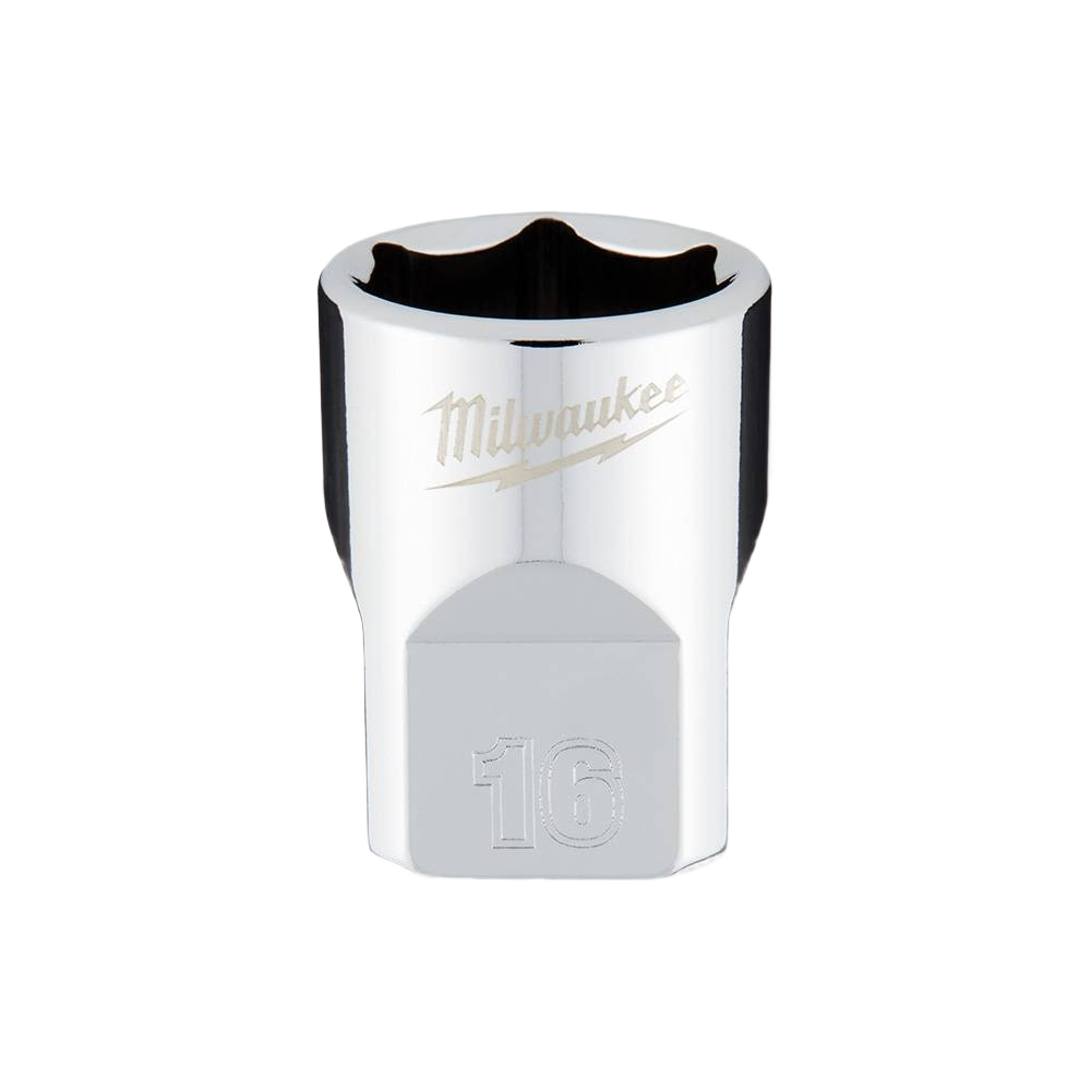 Chrome-finished 16mm 6-point socket with anti-roll design for use with 3/8" drive ratchets in hand tools collection