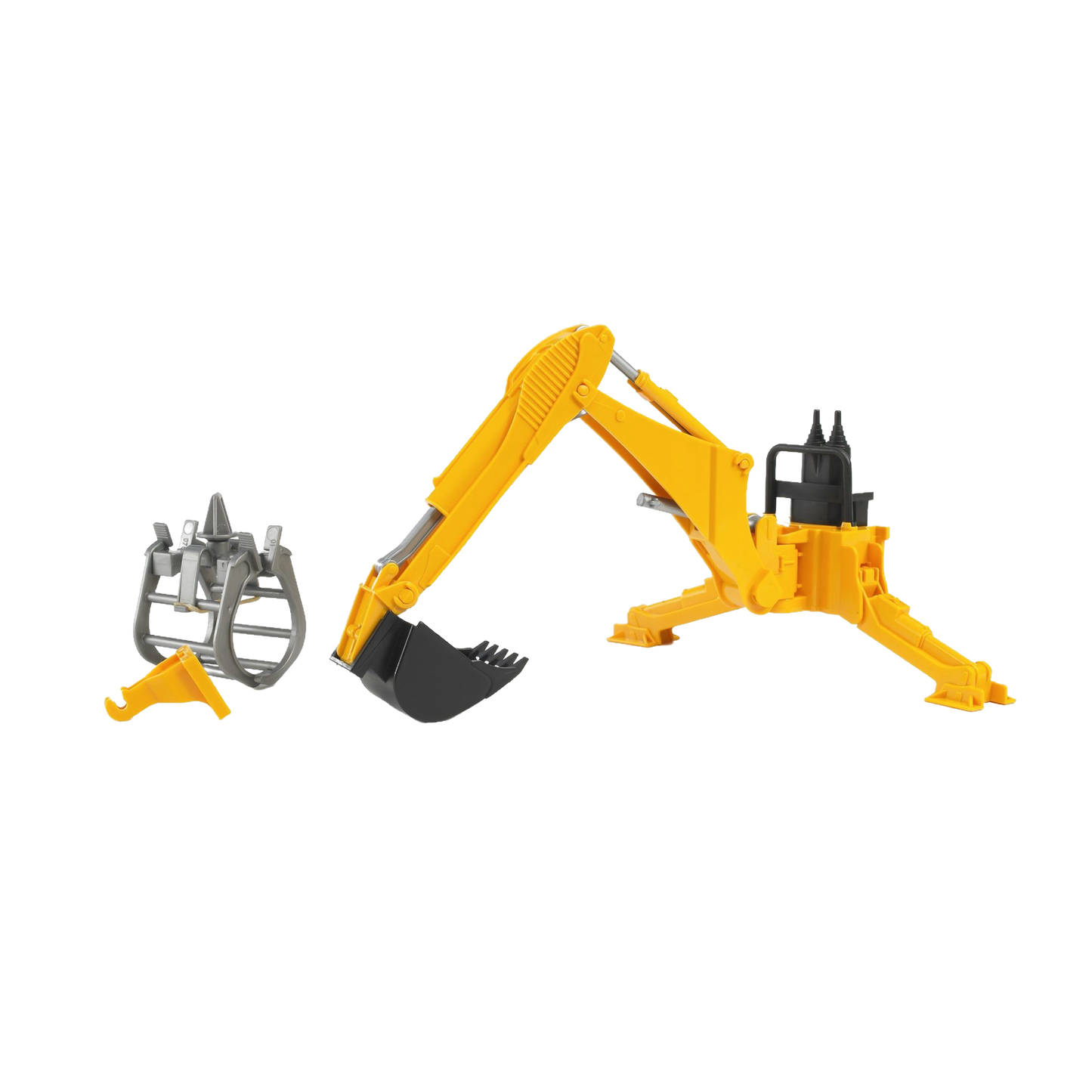 Yellow functional rear hydraulic arm with grabber attachment for Bruder Profi series tractors in Toys & Games collection