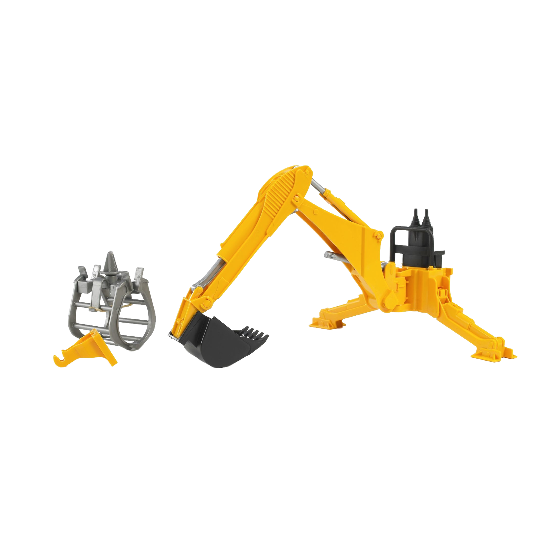 Yellow functional rear hydraulic arm with grabber attachment for Bruder Profi series tractors in Toys & Games collection
