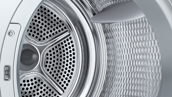 Close-up of stainless steel drum with perforated backplate and textured interior in Bosch heat pump dryer from Dryers collection